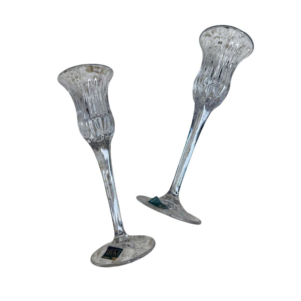VTG MIKASA Icicles Crystal Long Stem Tulip Shaped Candlestick Holder Set of Two